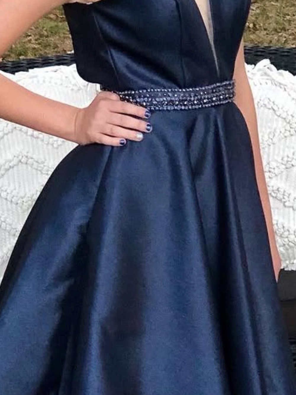 Hannah Navy Beaded-Waist A-Line Formal Dress for Girls